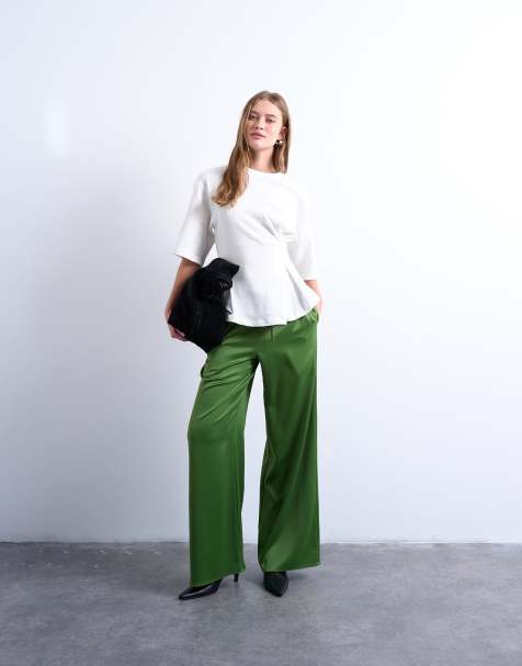 Topshop satin tie waist wide leg pants in green - view 1