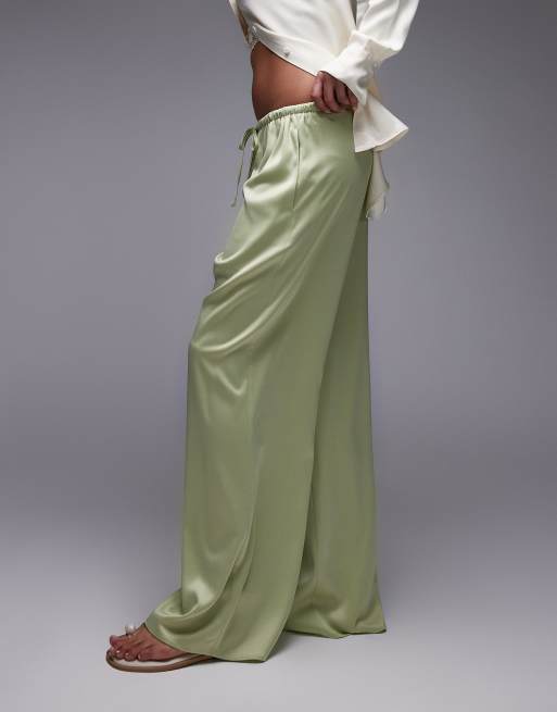 Topshop satin tie waist wide leg pants in green
