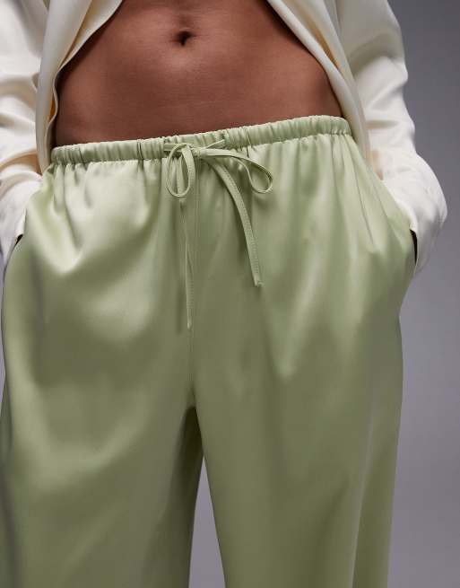 Topshop satin tie waist wide leg pants in green