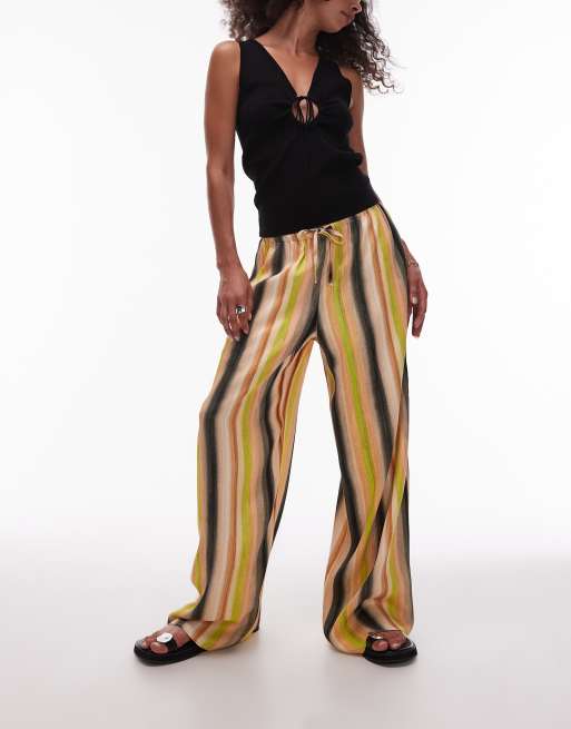 Topshop satin tie waist wide leg pants in peachy stripe