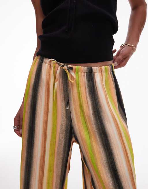 Topshop satin tie waist wide leg pants in peachy stripe