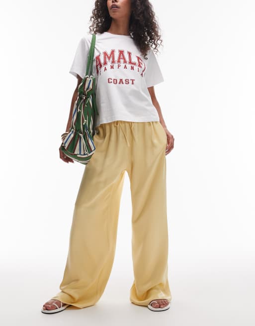 Topshop satin tie waist wide leg pants in yellow