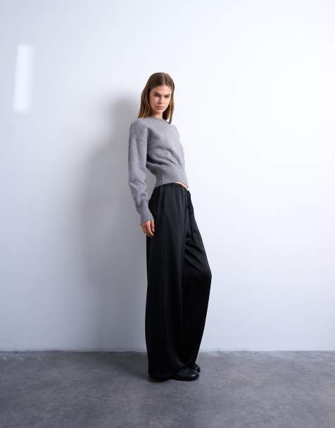 Topshop satin tie waist wide leg pants with pintuck seam detailing in black - view 1
