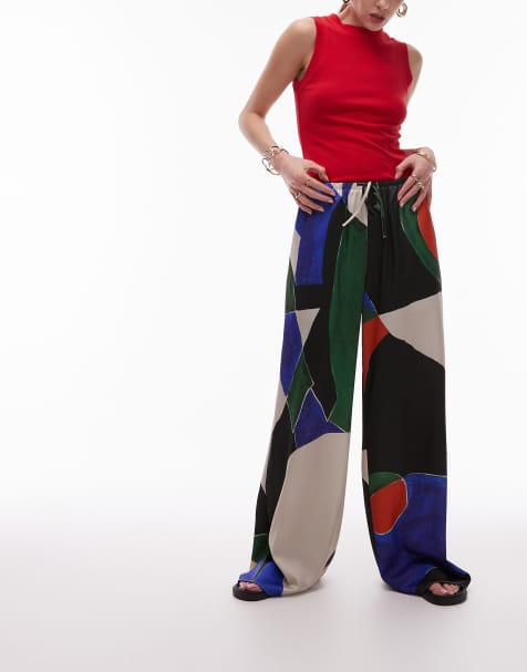 Topshop satin tie waist wide leg trouser geo print in orange and blue - view 1