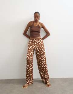 Satin tie waist wide leg trouser in abstract animal