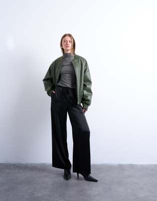 Topshop Topshop satin tie waist wide leg trouser in black