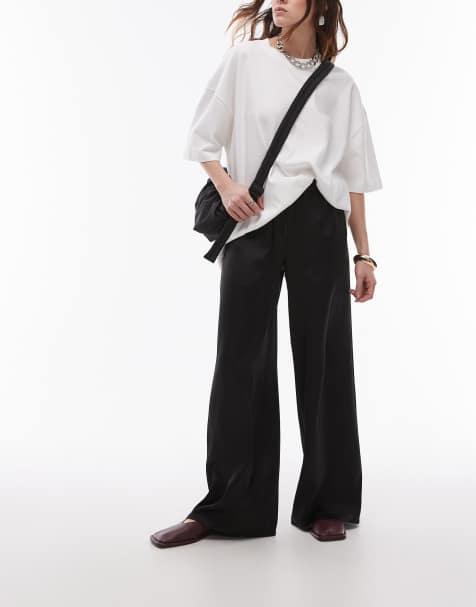 Topshop satin tie waist wide leg trouser in black - view 1