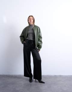 Satin tie waist wide leg trouser in black