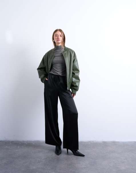 Topshop satin tie waist wide leg trouser in black