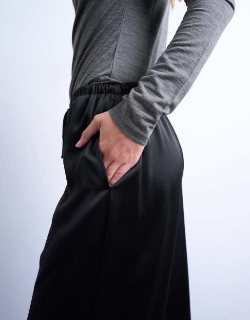 Topshop satin tie waist wide leg trouser in black, 2 of 5