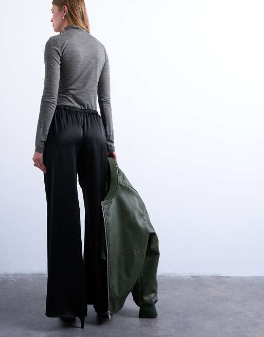 Topshop satin tie waist wide leg trouser in black, 3 of 5