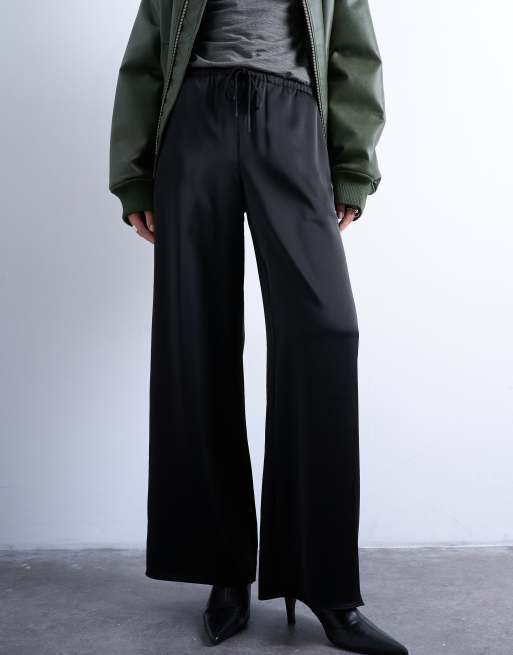 Topshop satin tie waist wide leg trouser in black, 4 of 5