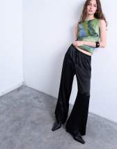 Topshop satin tie waist wide leg trouser in black