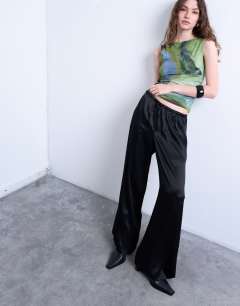 Satin tie waist wide leg trouser in black