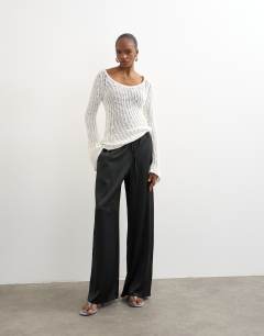 Satin tie waist wide leg trouser in black