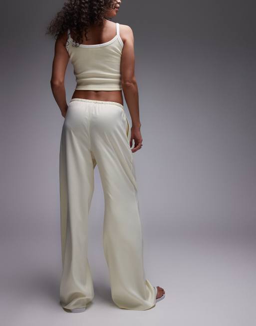 Topshop satin tie waist wide leg trouser in buttermilk, 4 of 5