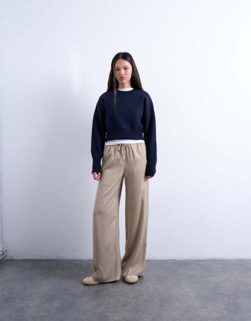 Topshop satin tie waist wide leg trouser in champagne, 2 of 5
