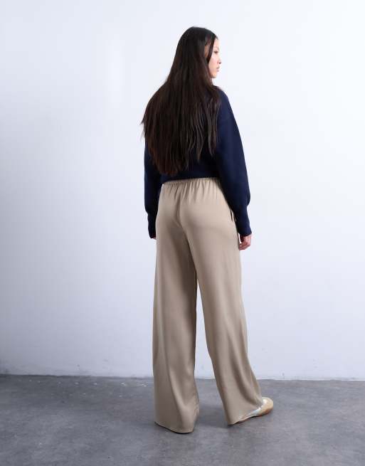 Topshop satin tie waist wide leg trouser in champagne, 3 of 5