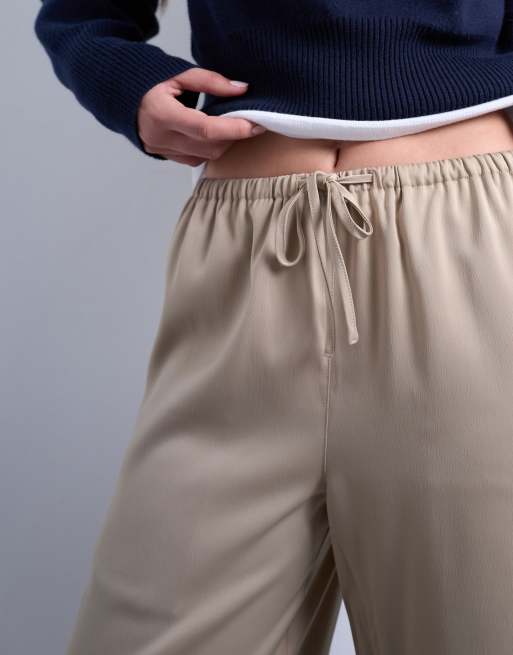 Topshop satin tie waist wide leg trouser in champagne, 4 of 5
