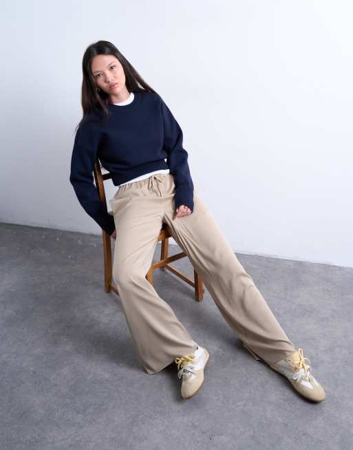 Topshop satin tie waist wide leg trouser in champagne, 5 of 5