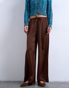 Model wearing Satin tie waist wide leg trouser in chocolate