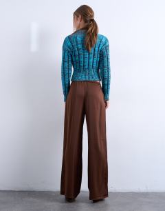 Model wearing Satin tie waist wide leg trouser in chocolate
