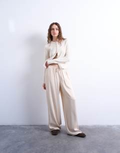 Satin tie waist wide leg trouser in ecru