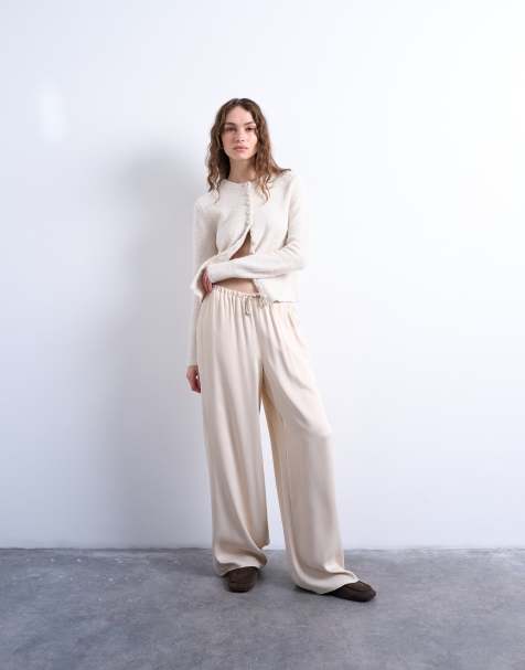 Topshop satin tie waist wide leg trouser in ecru