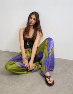 Satin tie waist wide leg trouser in green and purple floral