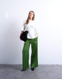 Satin tie waist wide leg trouser in green