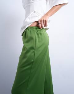 Model wearing Satin tie waist wide leg trouser in green