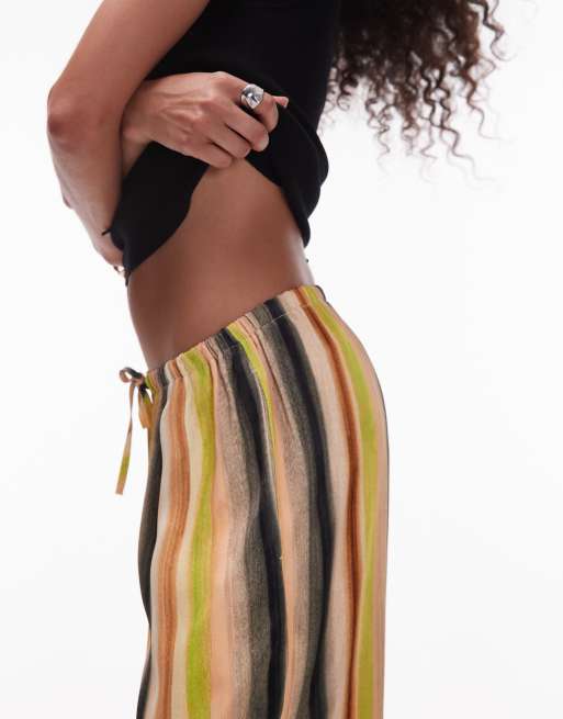 Topshop satin tie waist wide leg trouser in peachy stripe, 3 of 5