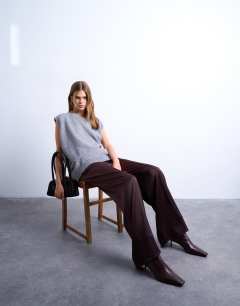 Satin tie waist wide leg trouser with pintuck seam detail in burgundy