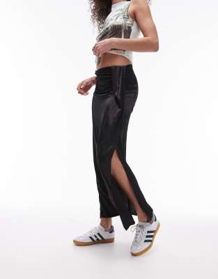 satin tuck midi skirt in black