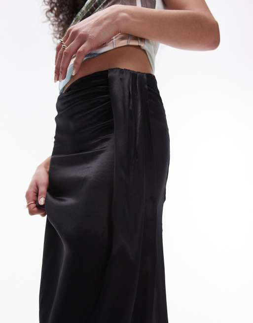 Topshop satin tuck midi skirt in black