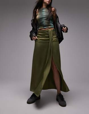 Topshop Satin Tuck Skirt In Olive-green