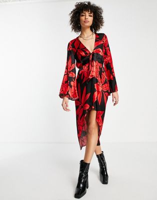 Topshop satin twist front floral dress in red