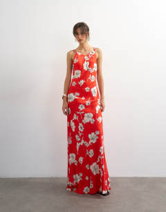 Model wearing Satin twist strap maxi dress in red floral