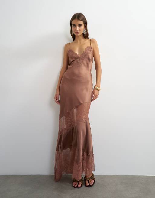 Topshop satin v-neck maxi slip dress with lace inserts in mole, 2 of 4