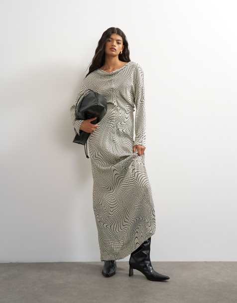 Topshop satin wide collapsed neck blouson maxi dress in mono wavy print - view 1