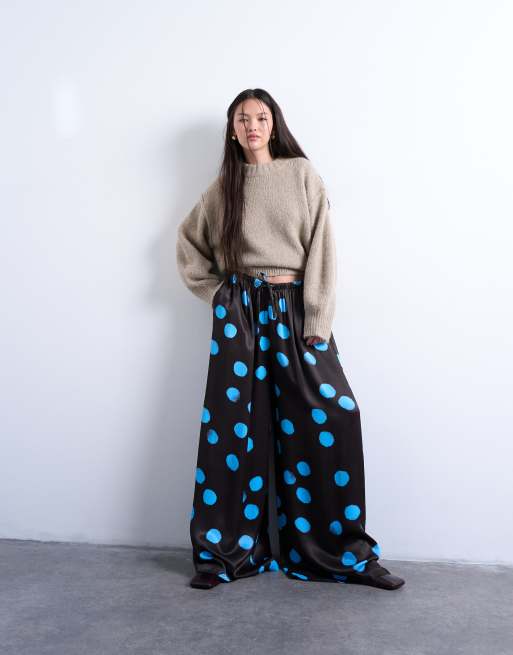 Topshop satin wide leg pants in blue and brown polka dot