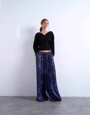 Topshop Satin Wide Leg Pants In Blue
