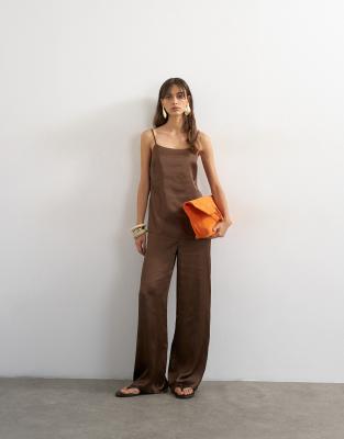 Topshop Satin Wide Leg Pants In Brown