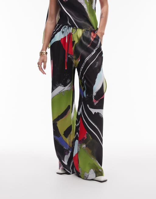 Topshop satin wide leg pants in scarf print