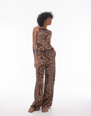 Topshop Satin Wide Leg Pants With Tie Waist In Brown Shell Print - Part Of A Set