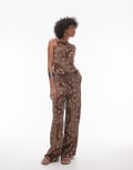[Topshop] Topshop satin wide leg pants with tie waist in brown shell print (part of a set) 12 brown