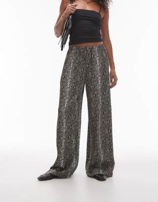 satin wide leg pants with tie waist in snake-Multi