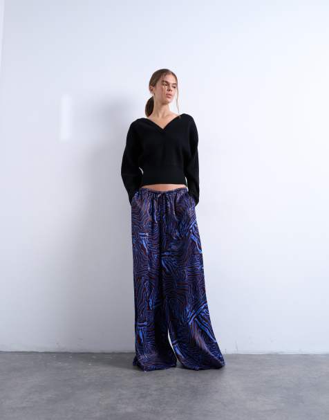 Topshop satin wide leg trouser in blue and burgundy print - view 1