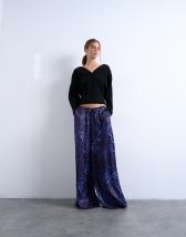 Topshop satin wide leg trouser in blue and burgundy print