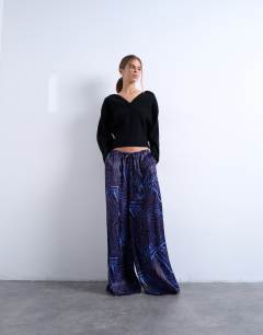 Satin wide leg trouser in blue and burgundy print